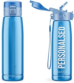 Personalised Water Bottle With Straw 660ml, School Water Bottles Boys Girls, Gym Bottle Bpa Free Cycling Sports Add Your Custom Text To Bottle (Blue)