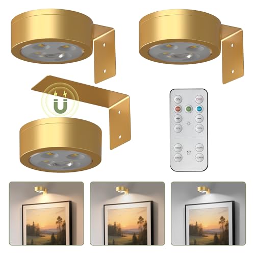 L LOHAS LED Gold 3Pcs Battery Operated Picture Light, Magnetic LED Painting Light with Remote, Dimmable and Timer, Art Display Light for Picture Frame Paintings, Wireless Wall Decor Puck Lights, 3CCT