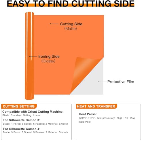 Image of HTVRONT HTV Heat Transfer Vinyl - 12 inch x 8ft Orange HTV Vinyl for T Shirts, Iron on Vinyl for All Cutting Machine - Easy to Cut & Weed for Iron on Design (Orange)