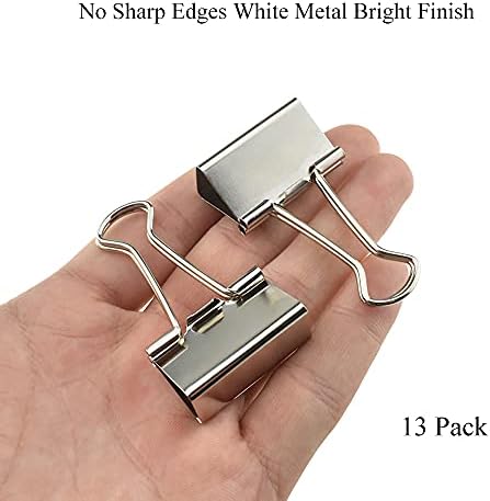 HAHIYO Binder Clips Paper Clamps Spring Steel Sturdy Medium 1.26 inches Width 0.39 Inch Capacity No Sharp Edges Heavy Duty Tight Grip Reusable Silver Metal Bright Finish for Home Office School 13 Pack — view 6