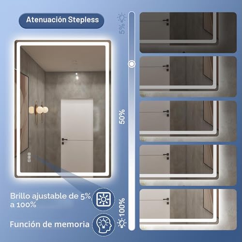 Miniatura 4 de Starlead Espejo-Baño-Con-Luz 100x70cm, Espejos-De-Baño-Con-Led Y Bluetooth, Antivaho, Regulable, 3 Temperaturas Color, Función Memoria, Ip44 Espejo-Baño-Led, Vidrio Templado, Horizontal Vertical