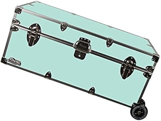C&N Footlockers Happy Camper Trunk with Wheels - Camping Storage Chest - Durable with Lid Stay - 32 x 18 x 13.5 Inches (Mint)