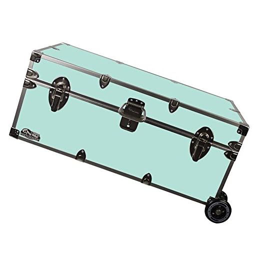 C&N Footlockers Happy Camper Trunk with Wheels - Camping Storage Chest - Durable with Lid Stay - 32 x 18 x 13.5 Inches (Mint)