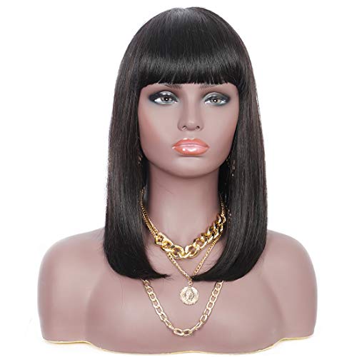Brinbea Short Bob Human Hair Wigs with Bangs 1”X1” Lace Top Brazilian Remy Human Hair Straight Bob Wigs 150% Density Human Hair Wigs for Black Women (14 inch)