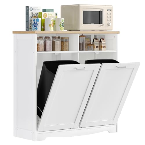 HOOBRO Double Tilt Out Trash Can Cabinet, 20 Gallon Kitchen Trash Bin Cabinet, Hidden Trash Storage with Open Compartments, Hidden Laundry Hamper, for Kitchen, Laundry, White and Natural WN04LJ01 by HOOBRO - Image 2