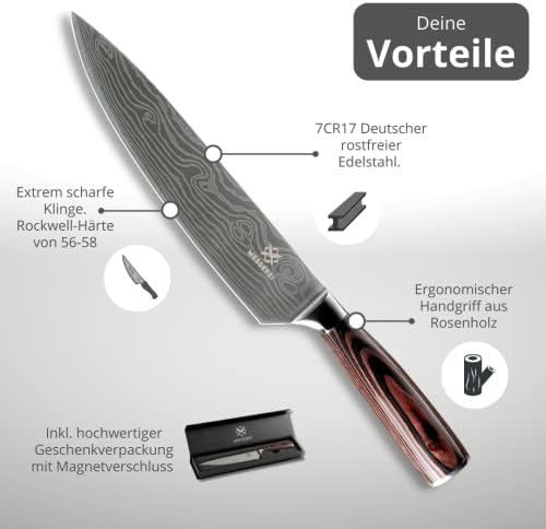 MESSEREI - Nóż szefa kuchni z bardzo ostrym ostrzem 20 cm profesjonalny nóż kuchenny i nóż do mięsa z wysokiej jakości stali nierdzewnej 7CR17 nóż szefa kuchni, uniwersalny nóż z uchwytem z