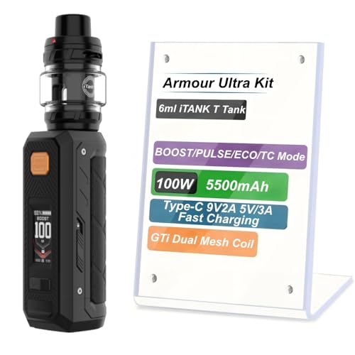 For Vaporesso Armour Ultra Kit 100 W Box Mod (Negro Obsidiana) Batería 5500 mAh | 6 ml Atomizador iTANK T Tank Resistencia GTi doble Mesh 0,2 Ω/0,4 Ω | Pantalla TFT de 0,96" original - No Nicotine