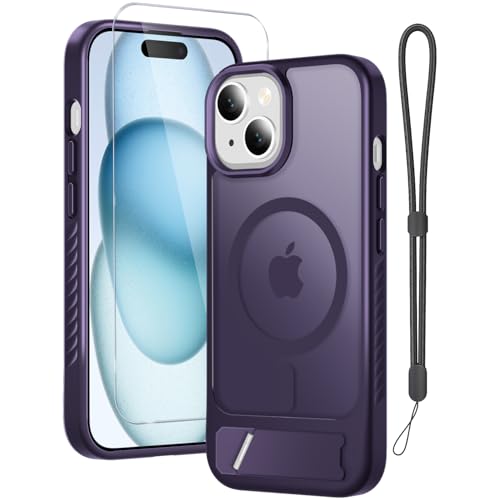 RMOCR for iPhone 15 Case & iPhone 14 Case with Screen Protector+Lanyard Wrist Strap,Magnetic Translucent Matte Rugged Slim Phone Cover Built in Invisible Kickstand [Fit for MagSafe],Purple