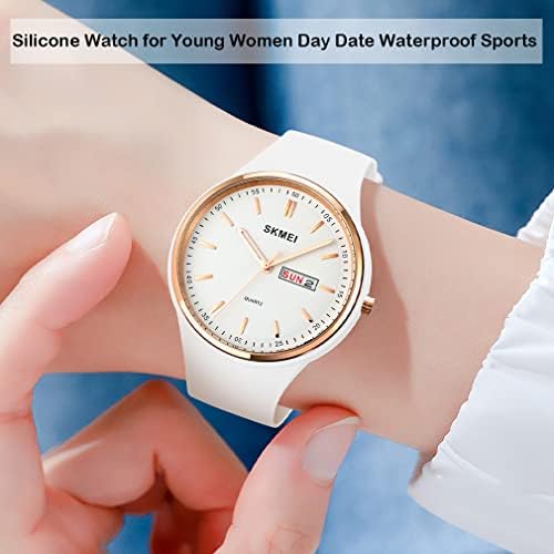 SKMEI Watches for Young Women Lady Sports Silicone Band Big Face Large Waterproof Fashion Casual Simple Quartz Analog Day Date Girls Gift White Wrist Watch