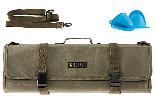 BAOBAB COUNTY Chef Knife Roll Bag – Premium 12oz Waxed Canvas Chef Knife Case, 11 Slots – Ideal Chef's Knife Bag for Carving Knives, Cleaver, Chef Tools & Utensils – Army Green – Oven Mitts Included
