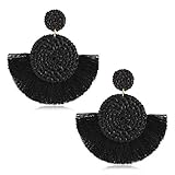 CEALXHENY Pendientes de borla de ratán para mujer, aretes de gota de mimbre de paja tejidos, aretes colgantes bohemios con flecos para mujer, hilo de paja, Sin piedra preciosa