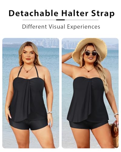 Image of Daci Plus Size Bandeau Tankini Swimsuit for Women 2 Piece Halter Swim Top with Shorts Tummy Control Bathing Suits