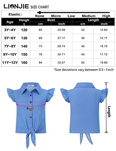 Lionjie Girls Knot Front Shirts Flutter Sleeve Summer Crop Top Plaid Button Down Casual Blouse 7-8Y Denim Blue #TOP5