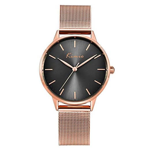Alienwork Klocka Herr Dam Rosa Guld Mesh-Armband Grå Ultra Tunna Elegant