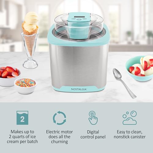 Nostalgia 2-Quart Electric Ice Cream Maker – Make Homemade Ice Cream, Gelato, Sorbet & Frozen Yogurt – No Salt/Ice Needed, Digital Controls, Mix-In Chute & Freezing Gel Canister – Stainless & Aqua - image 3
