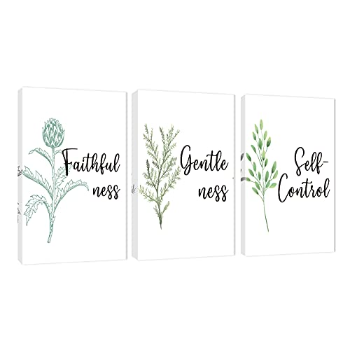 3 Piece Inspirational Wall Art, White Plant Background Picture, Quote "Faithfulness Gentleness Self-control" Canvas Print for Home Decor, Stretched And Framed Artwork for School Wall Decor(72"Wx36" H)