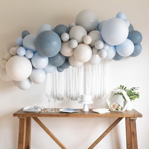 Image of Dusty Blue Balloons Garland Arch Kit, Haze Blue Sand White Balloon Arch Kit, Pastel Blue Beige Balloon for Baby Shower Gender Reveal Birthday Engagement Wedding Bridal Shower Party Decorations