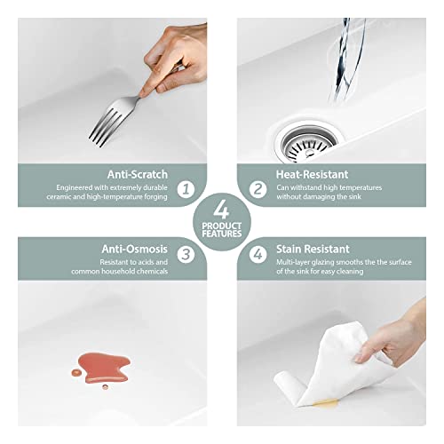 Kichae 33 Inch White Farmhouse Kitchen Sink Workstation Apron Front Farm Sink with Slide Ledge Fireclay Ceramic Porcelain Single Bowl Basin with Accessories - Thumbnail 4