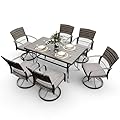Pamapic 7 Piece Patio Dining Set for 6,Wicker Outdoor Furniture Set for Backyard Garden Deck Poolside with Iron Slats Table Top,6 Cushions Swivel Rocker Chairs,Removable Cushions(Gray)