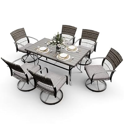 Pamapic 7 Piece Patio Dining Set for 6,Wicker Outdoor Furniture Set for Backyard Garden Deck Poolside with Iron Slats Table Top,6 Cushions Swivel Rocker Chairs,Removable Cushions(Gray)