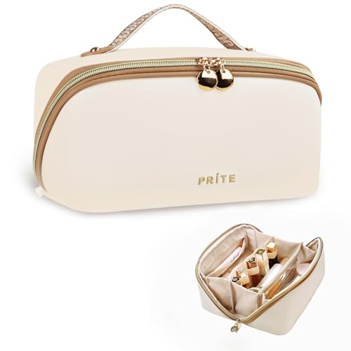Prite Gran Capacidad Estuche de Maquillaje para Mujer Neceser de Cuero PU Vanity Impermeable para Viaje con Separador Transparente y Asa, Beige, Mediana, Clásico