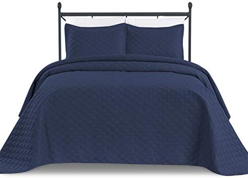 Basic Choice 3-Piece Oversized Quilted Bedspread Coverlet Set - Navy Blue, King / California King