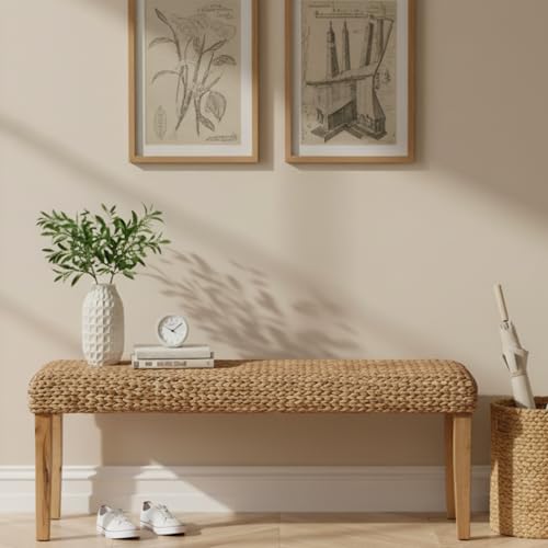 Solid Wood Acacia Indoor Bench with Natural Woven Seat...