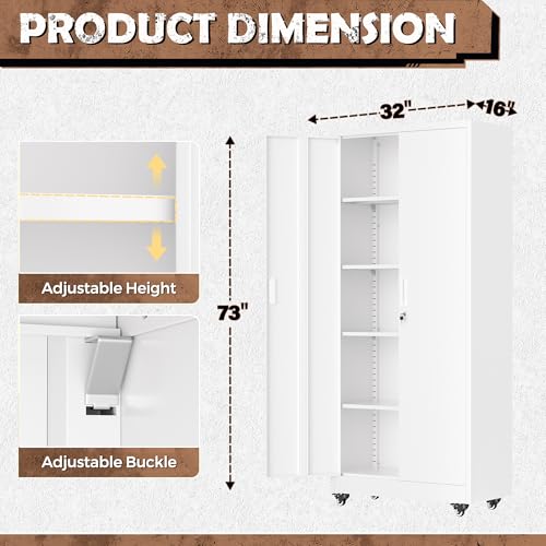 Image of INTERGREAT Metal Garage Storage Cabinet with Wheels, Rolling Storage Cabinet with Locking Doors and 4 Adjustable Shelves,- 73 inch Steel Tool Cabinet for Home Office,Garage,Warehouse,White