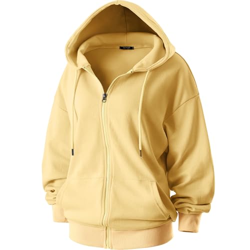 GIVON Women's Oversized Zip Up Hoodie Y2k Clothes Lightweight Long Sleeve Hooded Sweatshirt with Pockets / DCF280-YELLOW-M