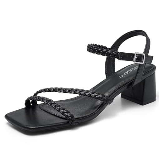 Greatonu Sandálias femininas trançadas de salto com tiras 5 cm salto baixo grosso bloco quadrado bico aberto tira no tornozelo sandálias elegantes 2025 festa casamento formatura sapatos, Preto, 35