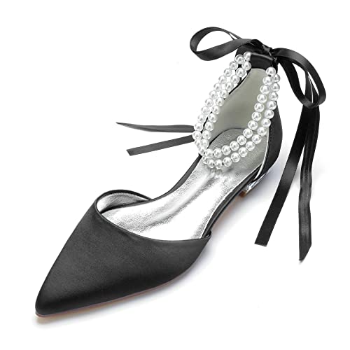 TNXZ Wedding Shoes Flats Women Pointed Toe Satin Pearls Ribbon Tie Bridal Dress Ballerina Sandals