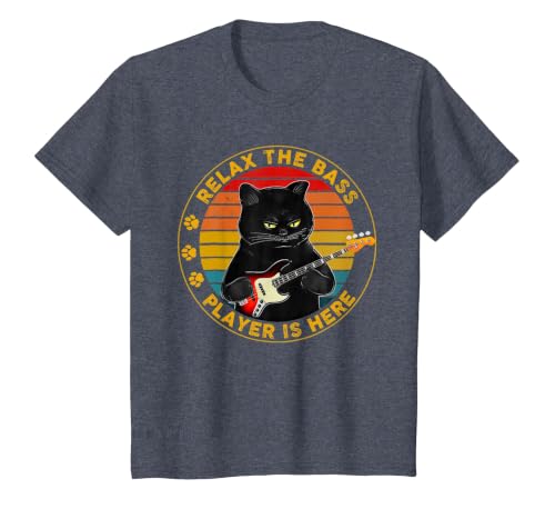 Relax The Bass Player is Here Funny Guitar Bass Cat Lover T-Shirt, Youth, Heather Blue, X-Small