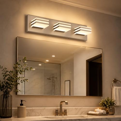 Image of 3-Light Brushed Nickel Vanity Light for Bathroom, 20 Inch 24W 5CCT Dimmable LED Fixture with Clear Acrylic Shade, Hardwired Modern Wall Light Over Mirror for Guest Bath