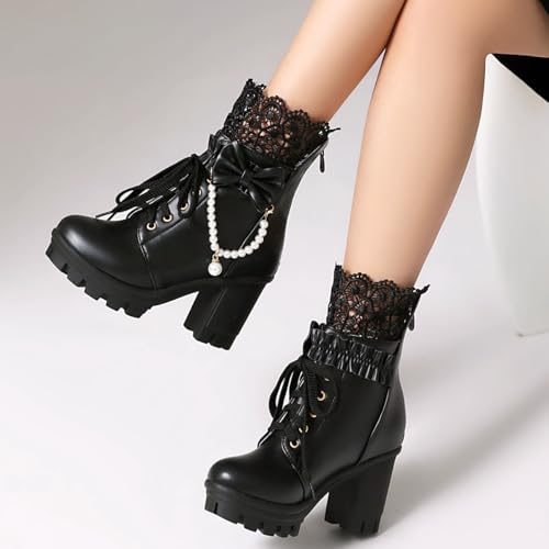 BEAUPAS Women's Platform Ankle Boots Lace Pearl Goth Boots, Black, 10 by BEAUPAS - Used condition - Image 7