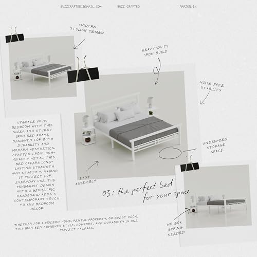 Image of Queen Size Metal Bed Frame with Headboard & Footboard | Queen Metal Bed | QueenSize Iron Bed | Queen Steel Bed | Heavy Duty Platform Bed | Double Bed Cot | Steel Slats | No Box Spring Needed | White