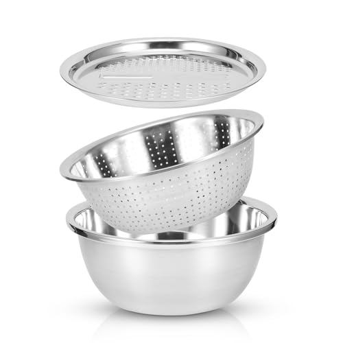 Colador multifunción 3 en 1, cuenco para lavar arroz de acero inoxidable, juego de rallador de cocina, rallador de cuenco, colador para hacer ensalada de arroz, Cuenco rallador de cocina Cuenca d