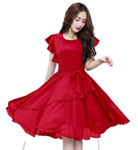 Womens Solid Knee Length Dress Regular Wear Round Neck Short Sleeves Comfortable Western A-Line Dress for Women Georgette Dress-picture-30