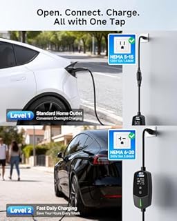 EVDANCE Level 1 & 2 EV Charger for Tesla 16A, Portable Electric Vehicle Charger with 25FT Cable, Adjustable Current & Timer Delay, NACS Connector Compatible with All Tesla Models S/3/X/Y/Cybertruck