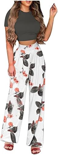 SMLNKOFN Two Piece Outfits for Women Summer Casual Short Sleeve O Neck Y2K Crop Tops Floral Print High Waisted Wide Leg Pants