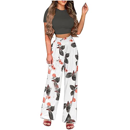 Smlnkofn Two Piece Outfits For Women Summer Casual Short Sleeve O Neck Y2K Crop Tops Floral Print High Waisted Wide Leg Pants #TOP27