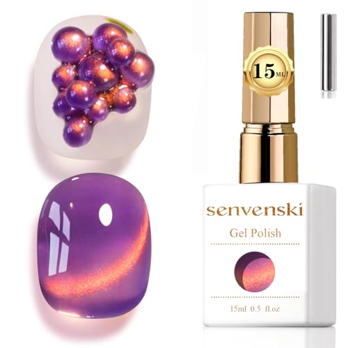 Senvenski Glass Cat Eye Gel Nail Polish with Magnet 15ML Magnetic 3D Galaxy Holographic Glitter Translucent Sheer Color Gel Polish Salon Home DIY (Amethyst Purple, MY1-052)