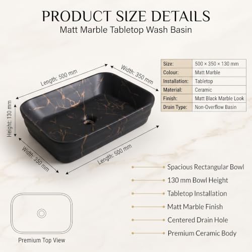 Image of InArt 1081 Wash Basin for Bathroom, Matt Black Marble Tabletop Washbasin, Ceramic Countertop Vessel Sink, 500 x 350 x 130 mm Rectangular Bathroom Sink for Vanity