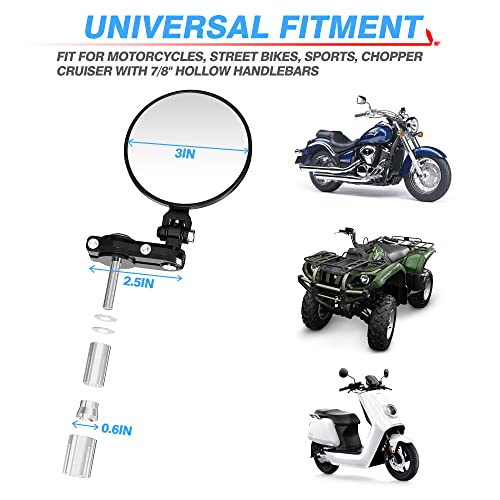 MICTUNING Universal Motorcycle Mirrors - 3 Inch Round Folding Bar End Side Mirror Compatible with Honda, Scooter, Suzuki, Yamaha, Kawasaki, Victory and More - Thumbnail 6