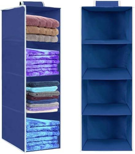 Image of Hanging Closet Organizer for Clothes Storage | Foldable Wardrobe Hanging Storage Rack | Non-Woven Multipurpose Cupboard Organizer for Clothes, Towels & Accessories (Blue, Pack of 1, 4)