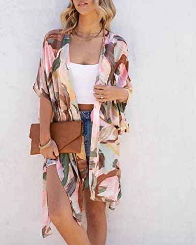 Image of Spicy Sandia Kimonos for Women Floral Beach Cover Up Loose Swimsuit Bathing Suit Coverup Cardigan for Summer Swimwear