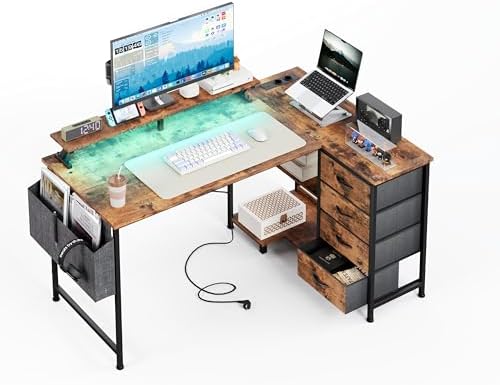 CAIYUN Eckschreibtisch mit 4 Stoff Schubladen, 120x90cm Schreibtisch L Form Reversibler mit USB-Ladeanschluss und Steckdose, L förmiger Schreibtisch mit Monitorablage für Homeoffic