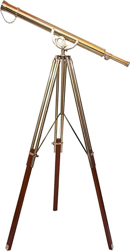 Designer Handmade Antique Single Barrel Telescope Unique Vintage Shiny Brass Finish Nautical Adjustable Wooden/Brass Floor Standing Tripod for Home & Office Decor