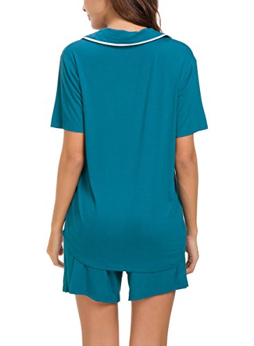 Invug Women Button Down Nightwear Short Sleeve Shirt Shorts Pajama Set Sleepwear Peacock Blue XL