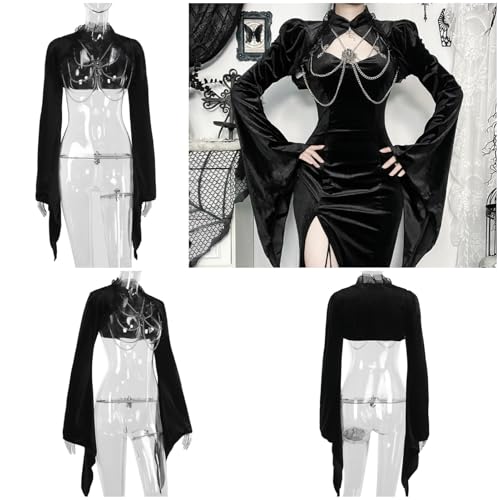 Image of Women Gothic Crop Top Shirt Y2K Black Bell Sleeve Shawl Cardigan
