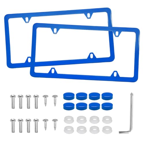 MTRPS 2 PCS Car License Plate Frames, 4 Holes Stainless Steel Auto Tag Holder with Screws Washers Caps, Rustproof Universal Front Rear License Plate Cover for Most US Vehicles (Blue)